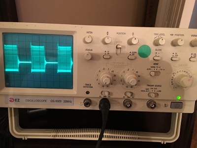 The 1000 Hz modulated 3.1 MHz carrier wave from the output of the Spectrotek SPA5 amplifier.