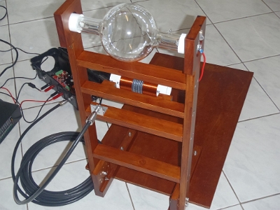 Made from a wooden table, this researcher rebuilt it into a sturdy stand for his Bill Cheb 8-inch Phanotron tube.  The stand may be folded flat for storage ot transport.